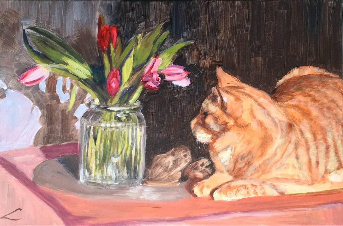 Impressionistic Animal Oil Painting By Elena Sokolova, 24 X 16, Tulips Lover, Original Artwork