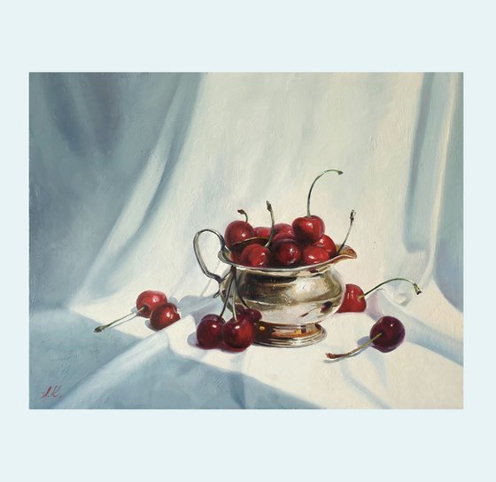 "Cherry flavor. "  still life summer plant cherries red  liGHt original painting  GIFT (2021))