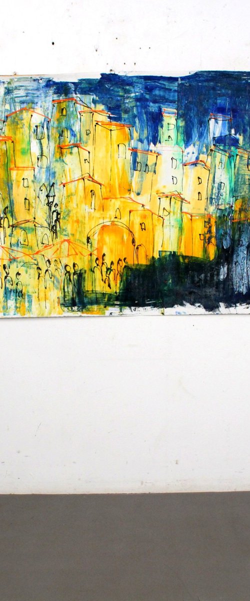 blue italian city, tuscany xxl on canvas, not stretched by Sonja Zeltner-Müller