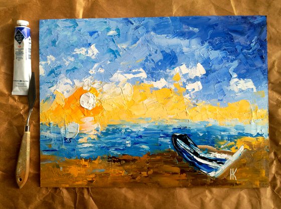 Boats Painting Original Art Impasto Painting Orange Blue Artwork 12 by 8 inches