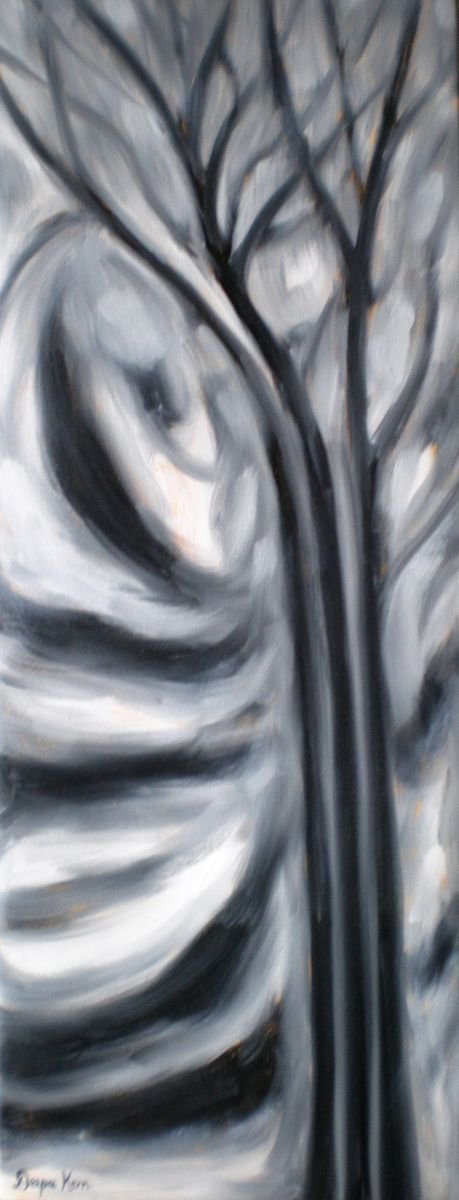 Minimalism, Black and White Painting, Twin Trees by Deepa Kern