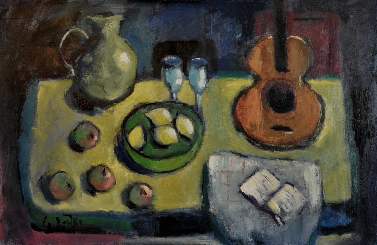 Impressionistic Still Life Oil Painting By Andre Pallat, 30 X 20, Still Life With Guitar, Original Artwork