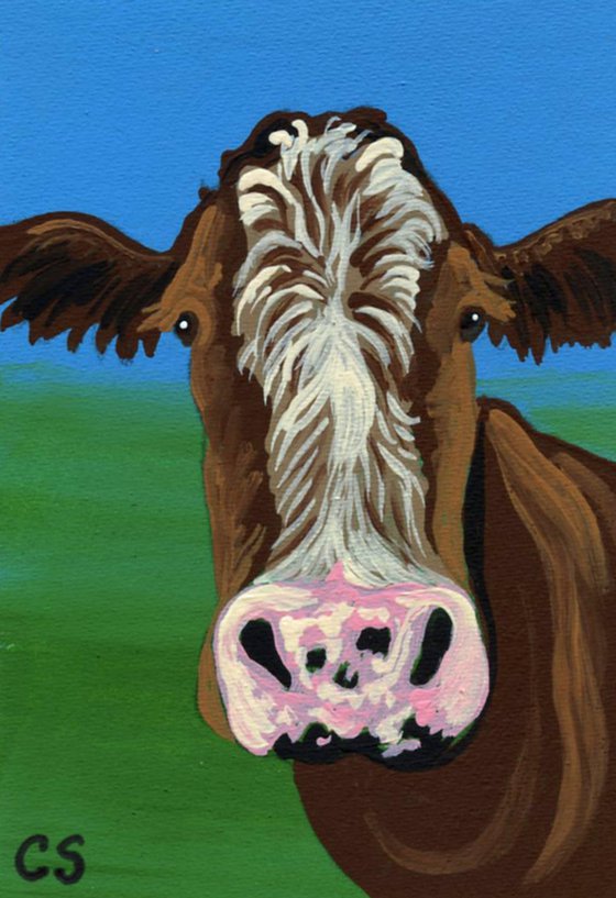 ACEO ATC Original Miniature Painting Brown White Cow Farmyard Art-Carla Smale