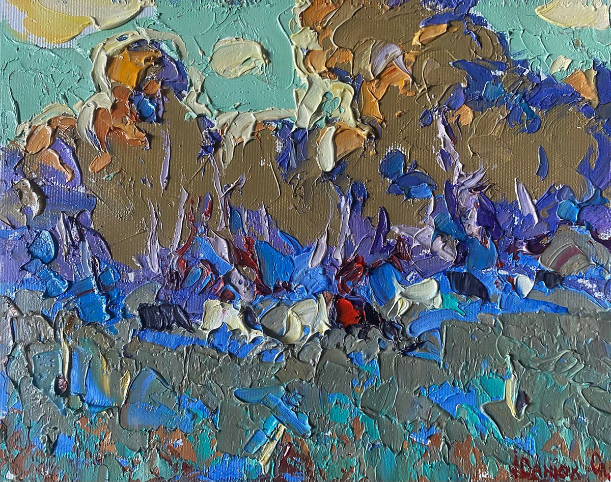 Impressionistic Landscape Oil Painting By Kalenyuk Alex, 10 X 8", They Are Grazing In The Field, Original Artwork