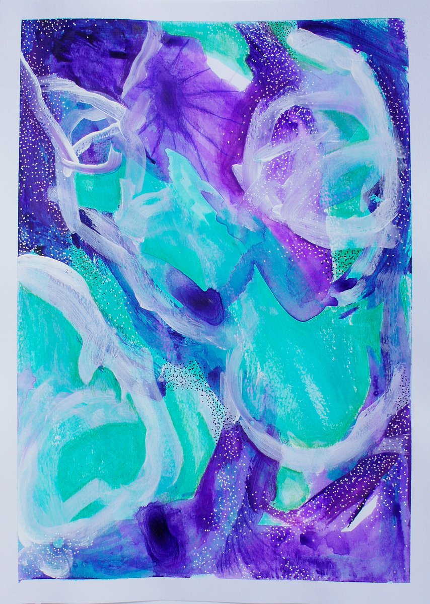 Aqua and Purple 3 - abstract painting on A4 paper by Bex Parker