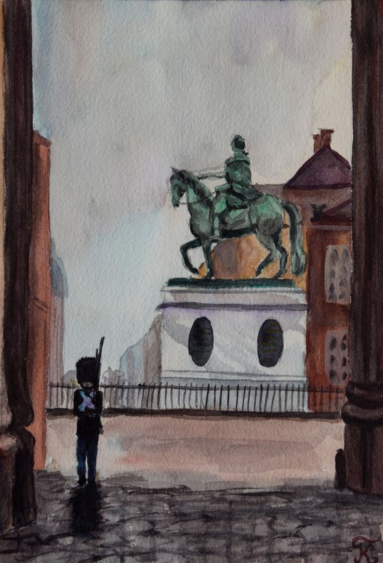 Denmark watercolor painting Royal Guard in rainy Copenhagen