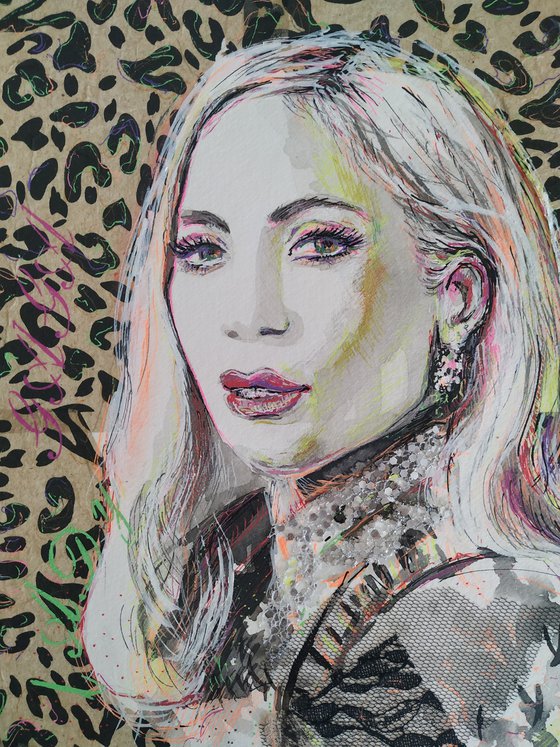 Lady Gaga- Portrait mixed media drawing on paper