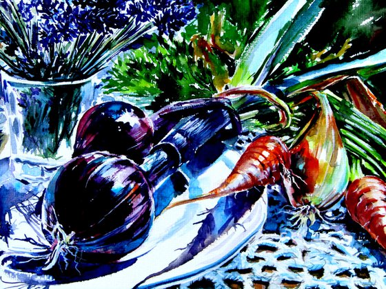 Still life with vegetables and lavender