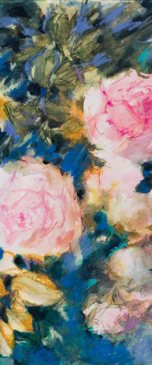 Autumn roses - floral painting in pink and blue by Fabienne Monestier