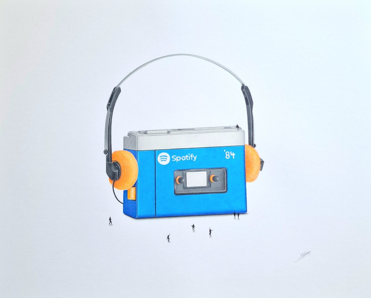 Photorealistic Still Life Pencil Drawing By Daniel Shipton, 20 X 16, Walkman: Spotify Circa 1984, Original Artwork