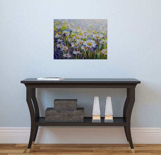 Daisies painting, Chamomiles flowers white daisies blooming original impasto oil canvas artwork