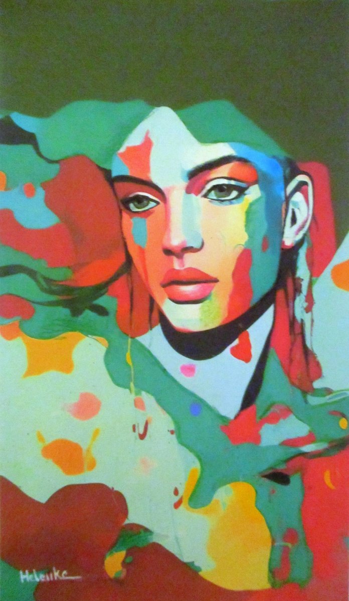 Expressive Portrait Acrylic Painting By Helena Wierzbicki, 16 X 28, Muse In The Maelstrom, Original Artwork