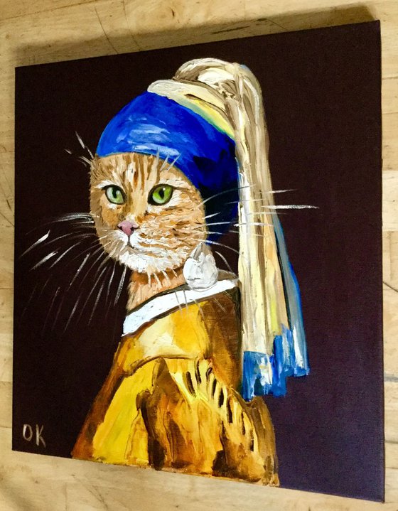 Cat with the pearl earring inspired by Vermeer painting modern home wall decor palette knife urban art feline art for cat lovers gift idea