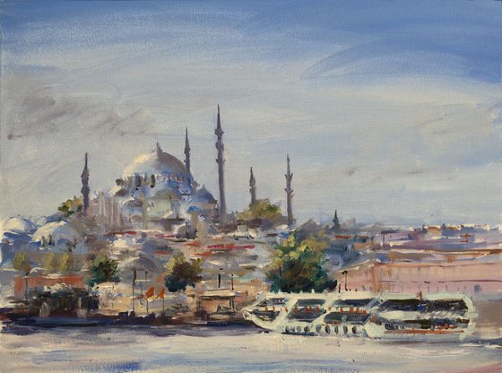 View of Suleimanie mosque. Istanbul, Turkey. Original oil painting. Travel landscape moody grey decor landscape urban view sea seascpae