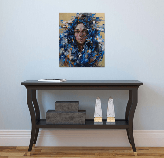 Woman in Blue head scarf - Original oil painting