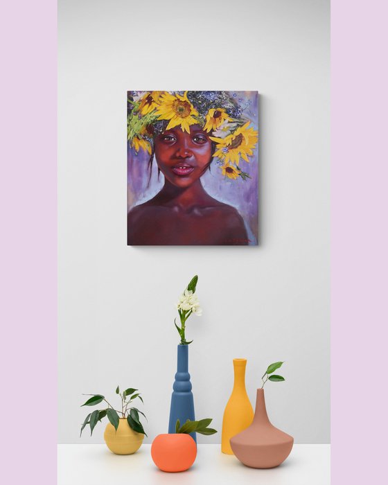 African american girl with flowers portrait