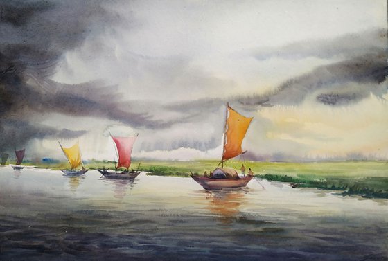 Colorful Sailing Boats at Cloudy day