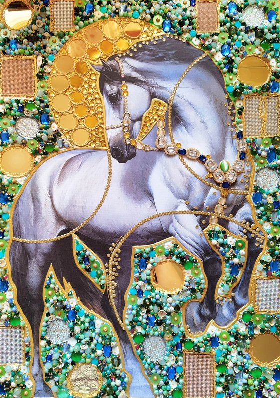 Pearl silver horse. Sun in the forest