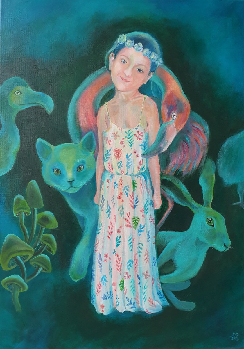 Surrealistic Portrait Acrylic Painting By Ksenia June, 24 X 31", Beyond Etheral Wonderland Reflections, Original Artwork