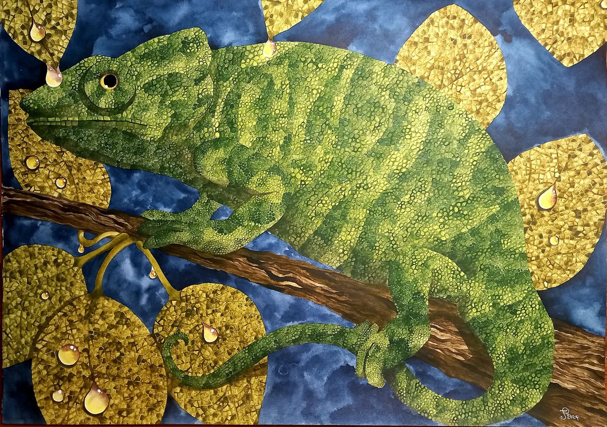 Illustrative Animal Painting By Terri Smith, 28 X 38", Chameleon - Adapt, Original Artwork