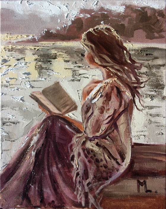 " THE OLD ROMANCE ... " book lover original painting LAKE  palette knife GIFT brown