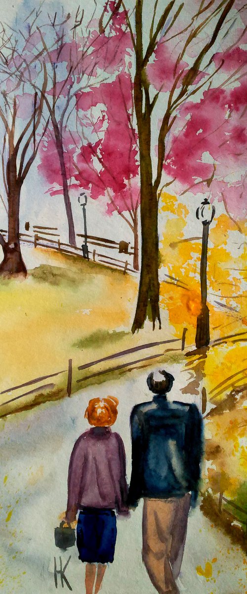 Couple Painting Central Park NYC Original Art Walk in Spring Park Watercolor Stroll Small Home Wall Art 8 by 12" by Halyna Kirichenko by Halyna Kirichenko