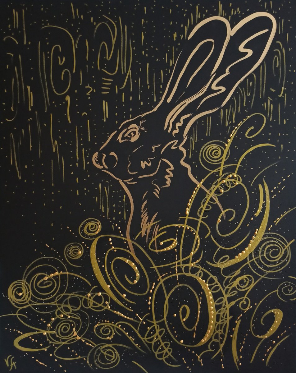 Abstract Animal Painting By Alona Vakhmistrova, 16 X 20, Rabbit In The Grass, Original Artwork