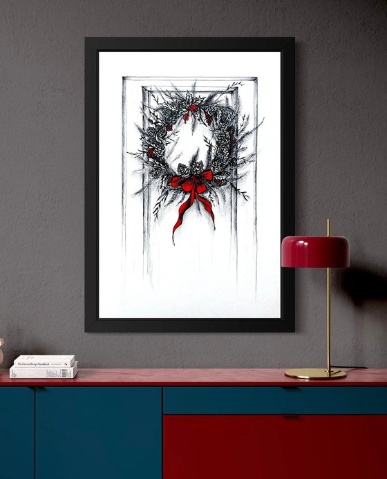 CHRISTMAS WREATH WITH A RED RIBBON