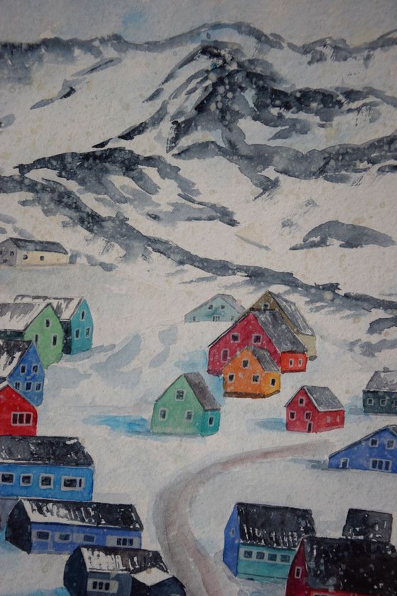 Greenland watercolor painting Winter mountains, snowy colorful houses