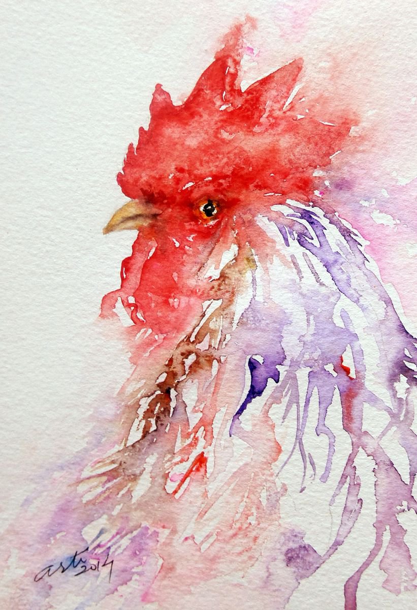 White and Purple Rooster by Arti Chauhan