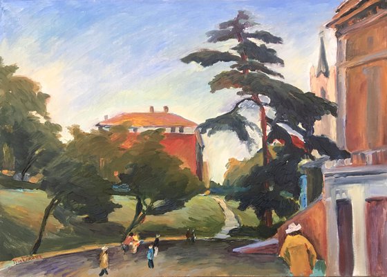 ON THE WAY TO PRADO - cityscape oil painting with houses and people going to the Prado museum in Madrid Spain housewarming gift home décor