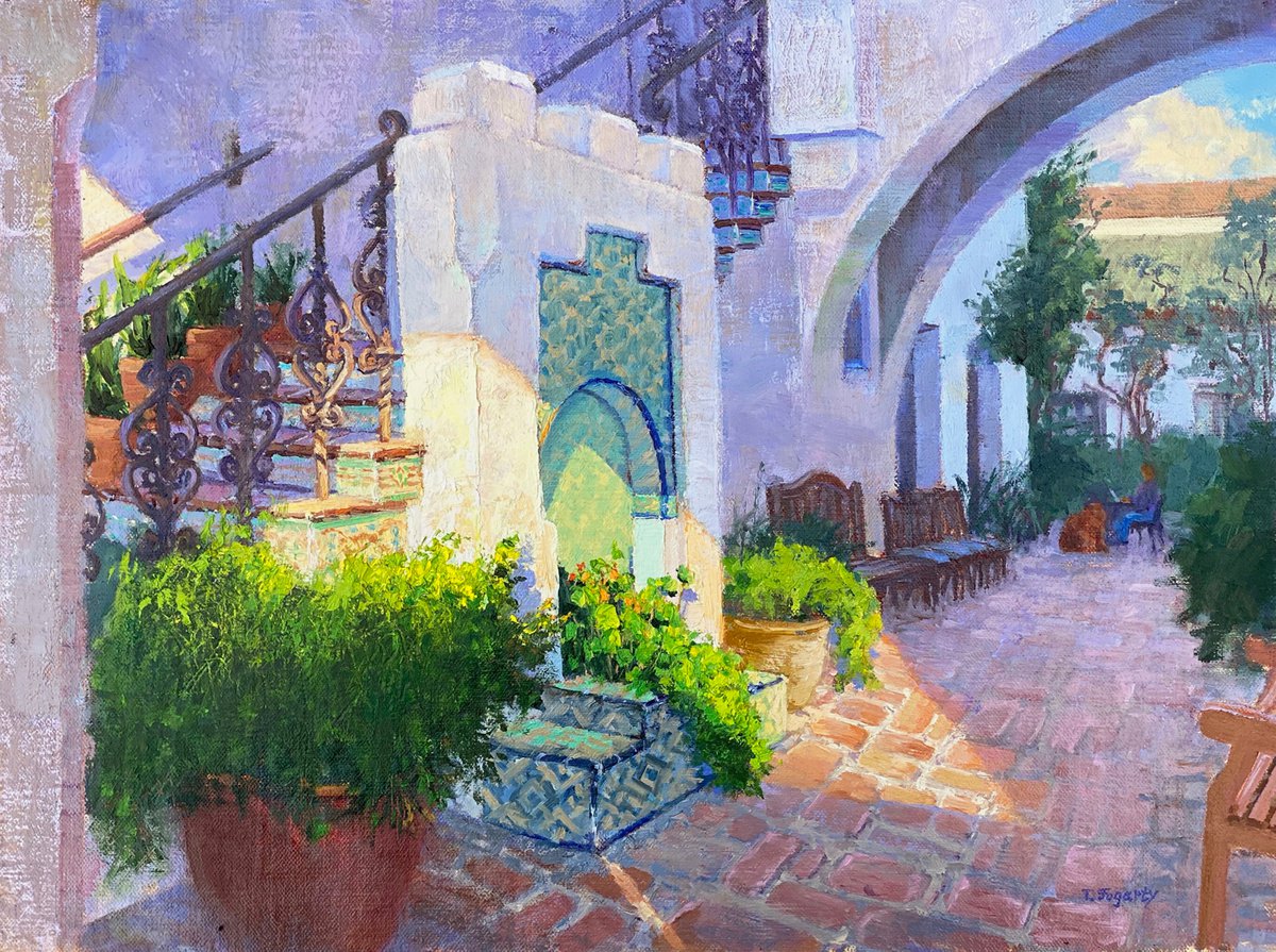 Impressionistic Landscape Oil Painting By Tatyana Fogarty, 16 X 12", Carmel Courtyard, Original Artwork