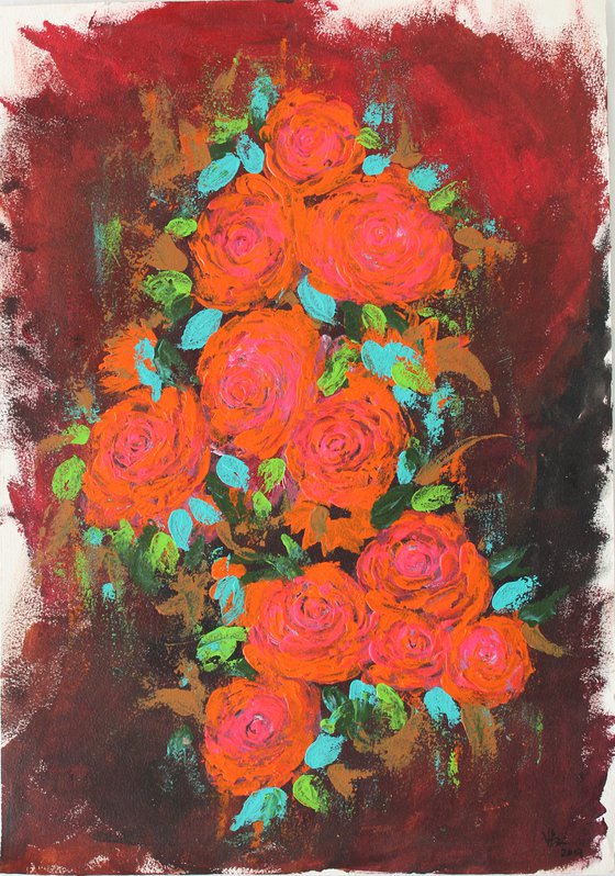 You are my everything - Acrylic roses on handmade paper - gift art