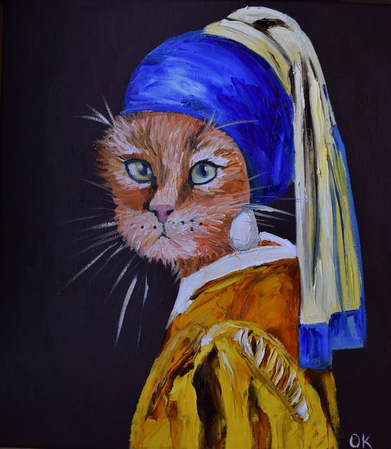 Cat with the pearl earring inspired by Vermeer painting feline art for cat lovers gift idea