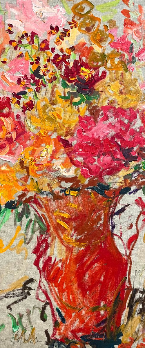 Summer flowers in a red jug by Lilia Orlova-Holmes