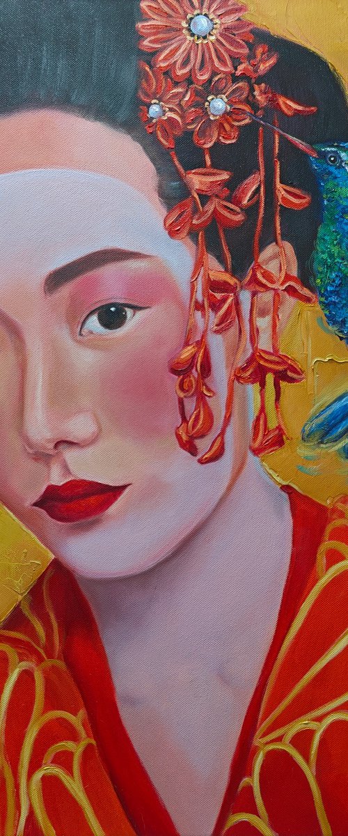 Geisha with hummingbird 2 by Jane Lantsman