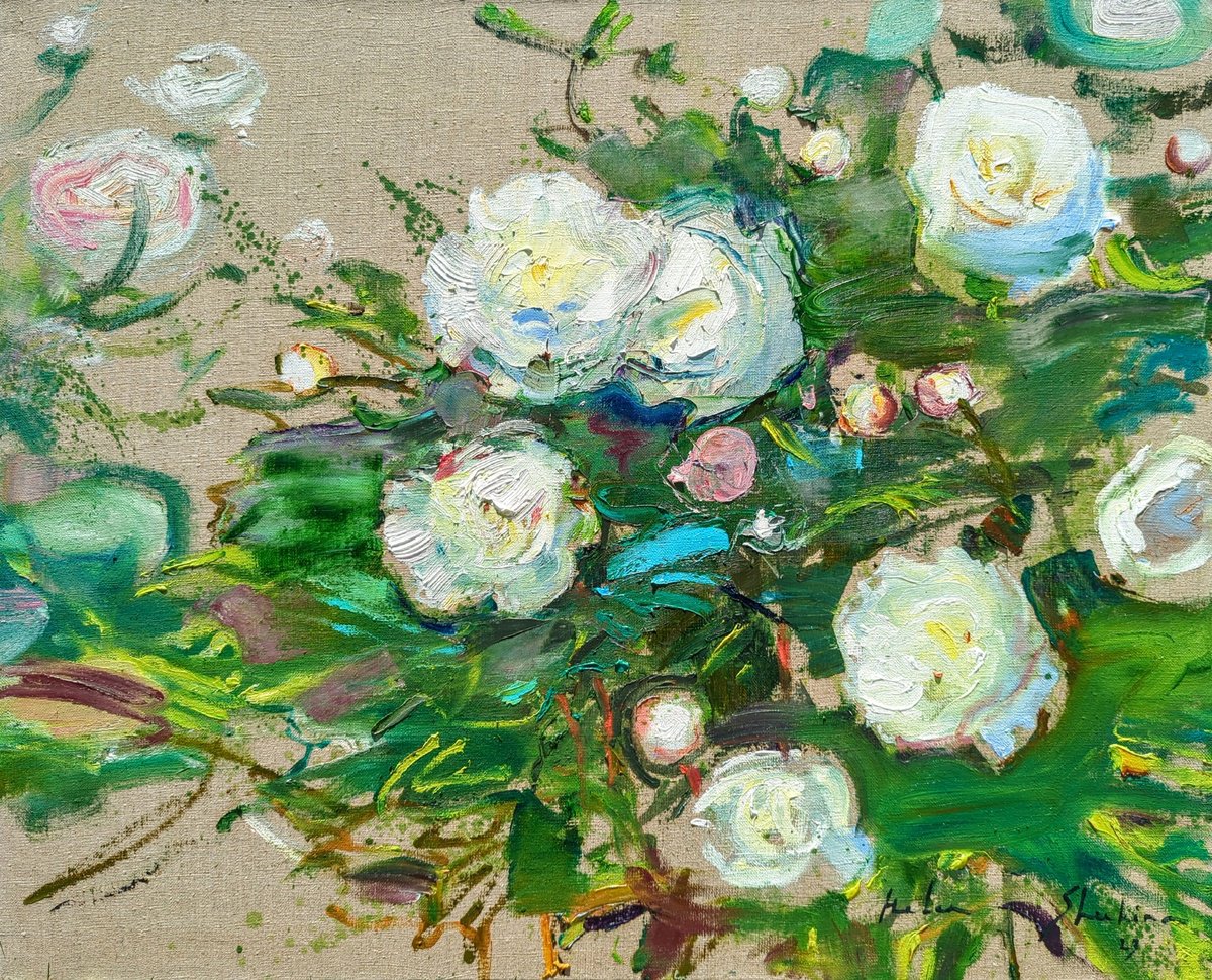 White Peonies . 65 x 80 cm. Large painting A la prima on linen canvas. Original oil pain... by Helen Shukina