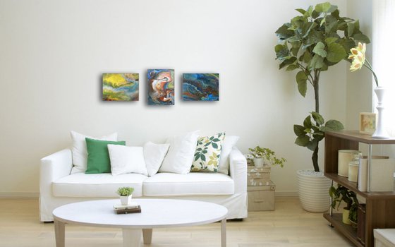 "Waterworks" - FREE USA SHIPPING - Original Triptych, Abstract PMS Acrylic Paintings Series - 33" x 12"