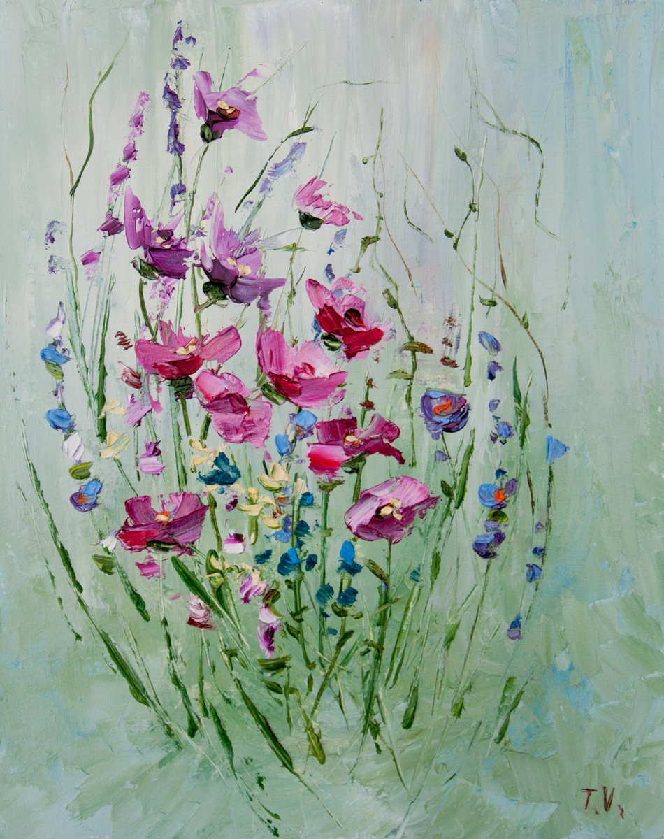 Meadow flowers. Oil painting. On cardboard. 7,5x 9,5 by Tetiana Vysochynska