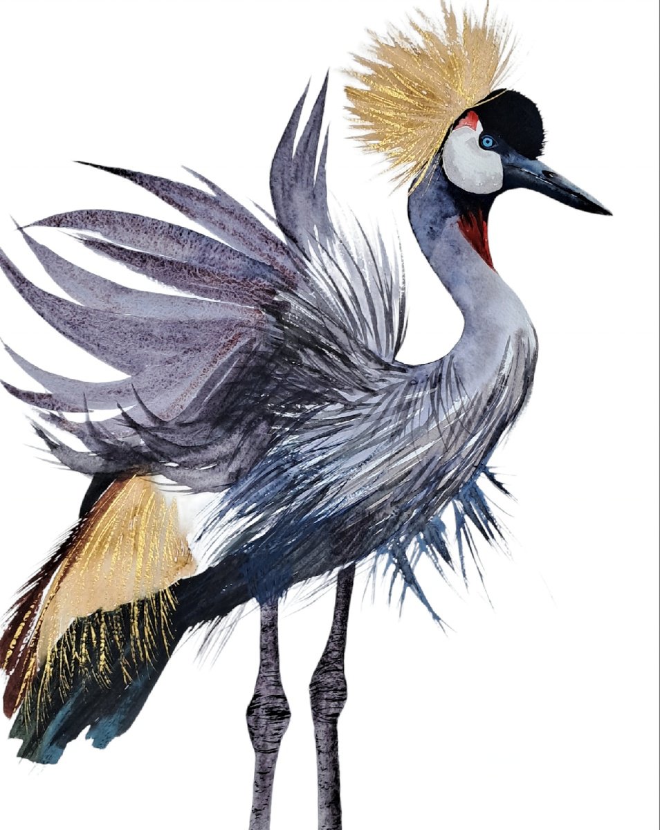 Animal Watercolour By Yuliia Sharapova, 16 X 20", African Crowned Crane, Original Artwork