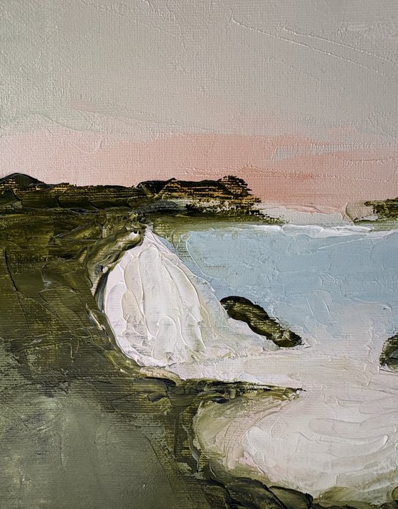 Impasto abstract seascape cliffs calm.