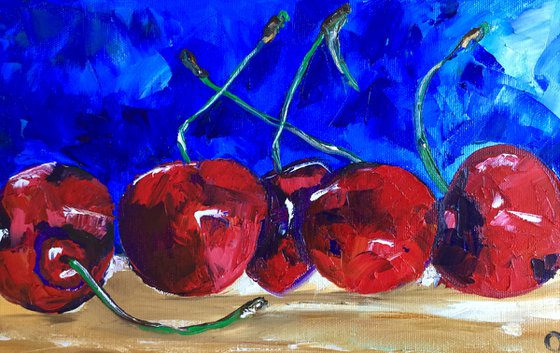 Cherries. Still life. Palette knife painting on linen canvas