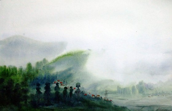 Cloudy Mountain Landscape - Watercolor on Paper