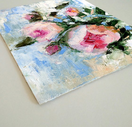 Floral Rose Painting Original Art Pink Flower Artwork Small Oil Wall Art