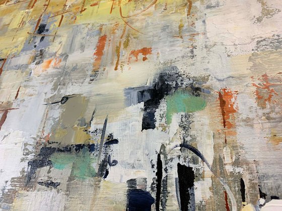 Most of All - Extra Large Oversize Abstract Painting 71" x 40" , Gray Yellow Gold Leaf Soft Colors White Gray Painting