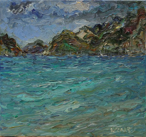 MARMARIS BAY - landscape oil painting, marina seascape, beach,  boat, turkish Turkey bay - home decor interior art  65x70