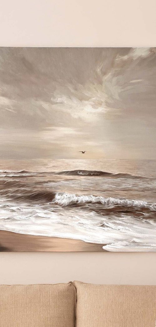 "Seaside 2" Grey beige sea oil art by Mary Amur