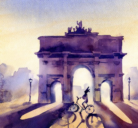 Architectural landscape "Paris. Shadows at sunset" cyclist on the background of the arch at sunset bright colors - Original watercolor painting