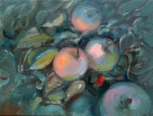 Apples on a tree brunch original miniature oil painting by Roman Sergienko