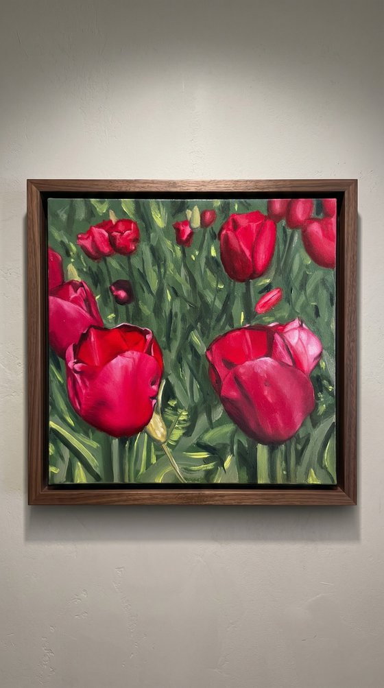 Hyperrealistic Red Tulips on Gesso Board